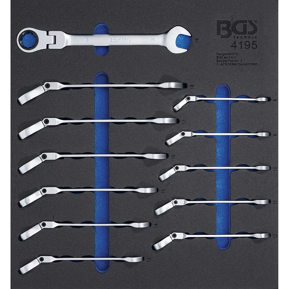 BGS Technic 9-4195 csillag-villáskulcs készlet, racsnis-csuklós, habtálcás, metrikus, 12 részes termék fő termékképe